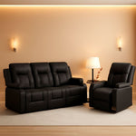 Black Leather Upholstered Manual Recliner Sofa Set