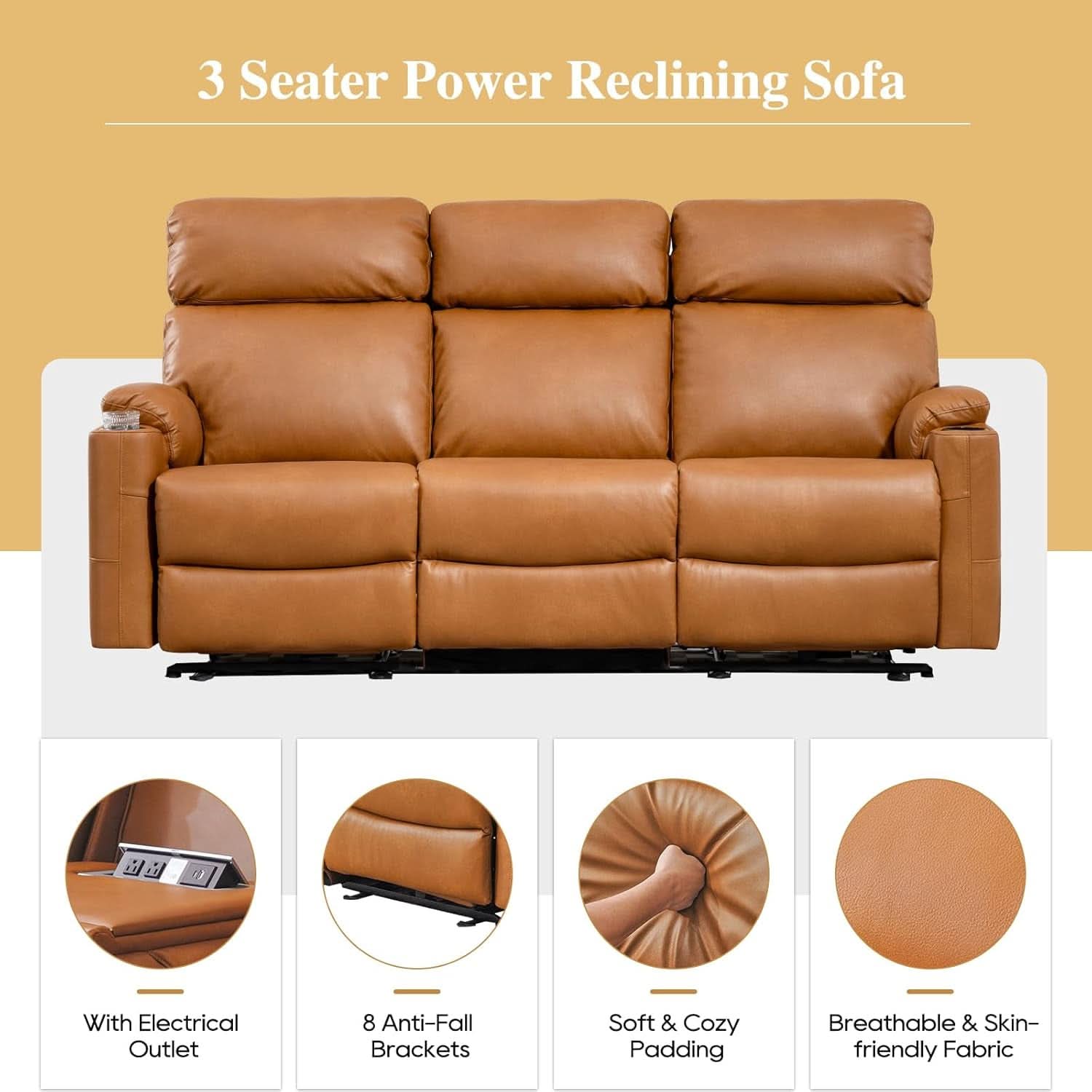 Power Reclining Sofa Brown PU Leather Independent Backrests