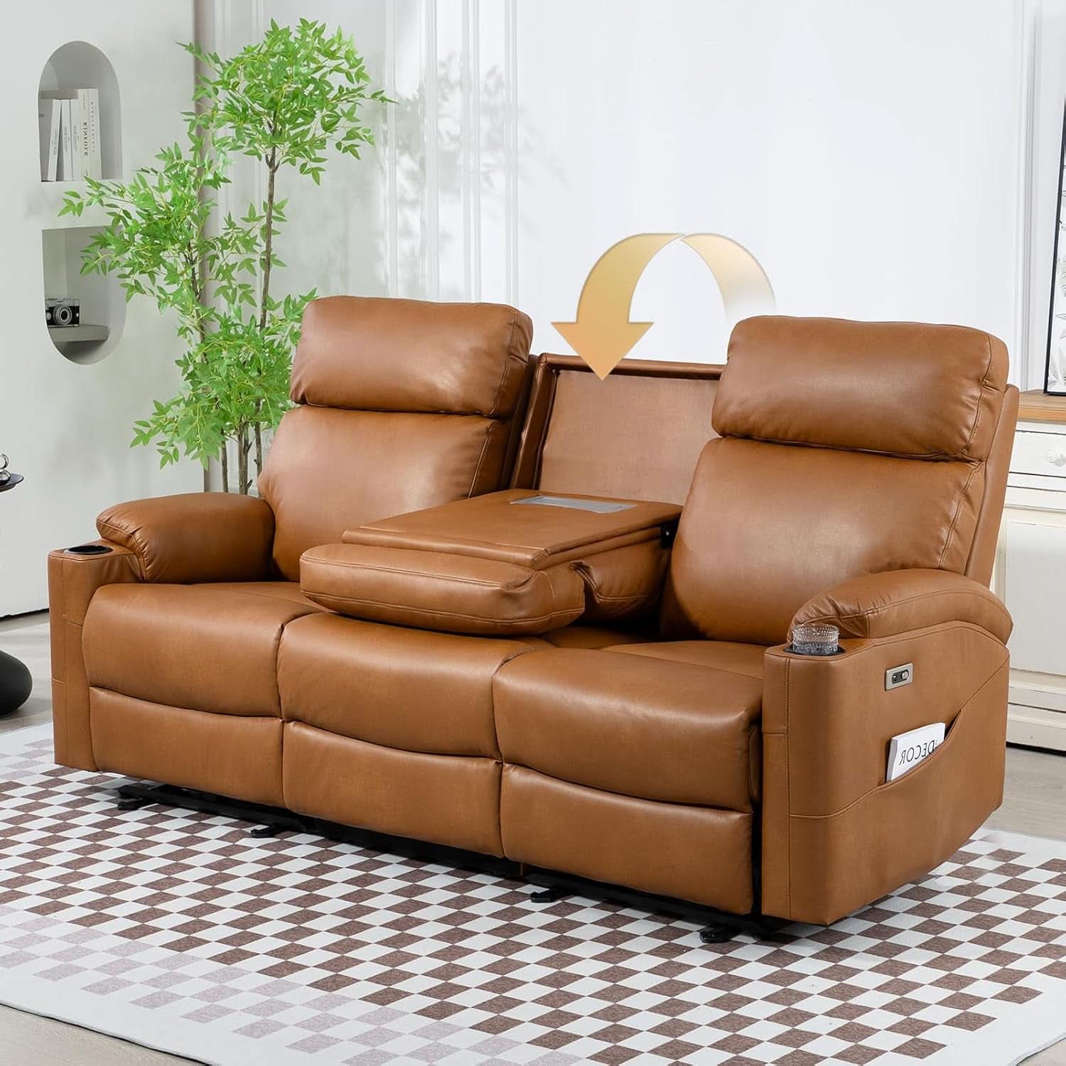 Power Reclining Sofa Brown PU Leather Independent Backrests