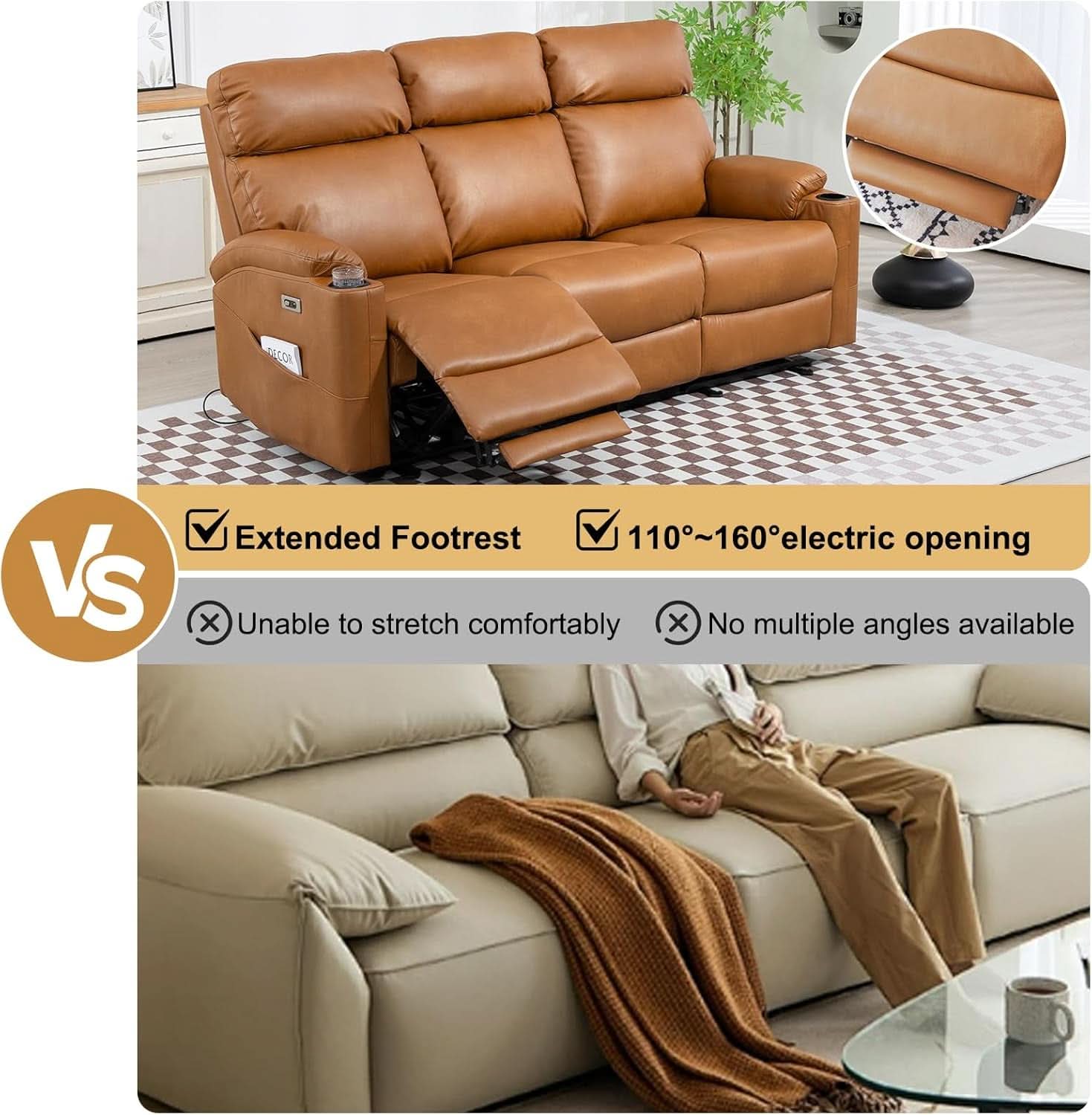 Power Reclining Sofa Brown PU Leather Independent Backrests