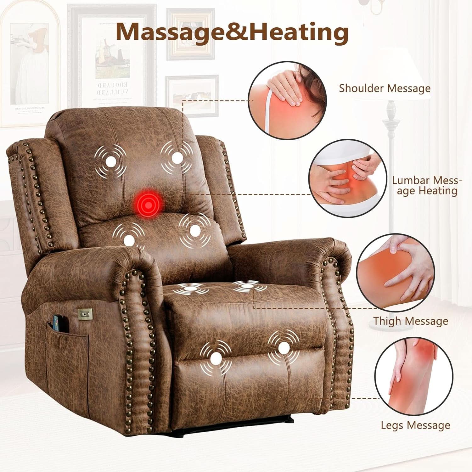 Brown Electric Faux Leather Reclining Sofa Massage