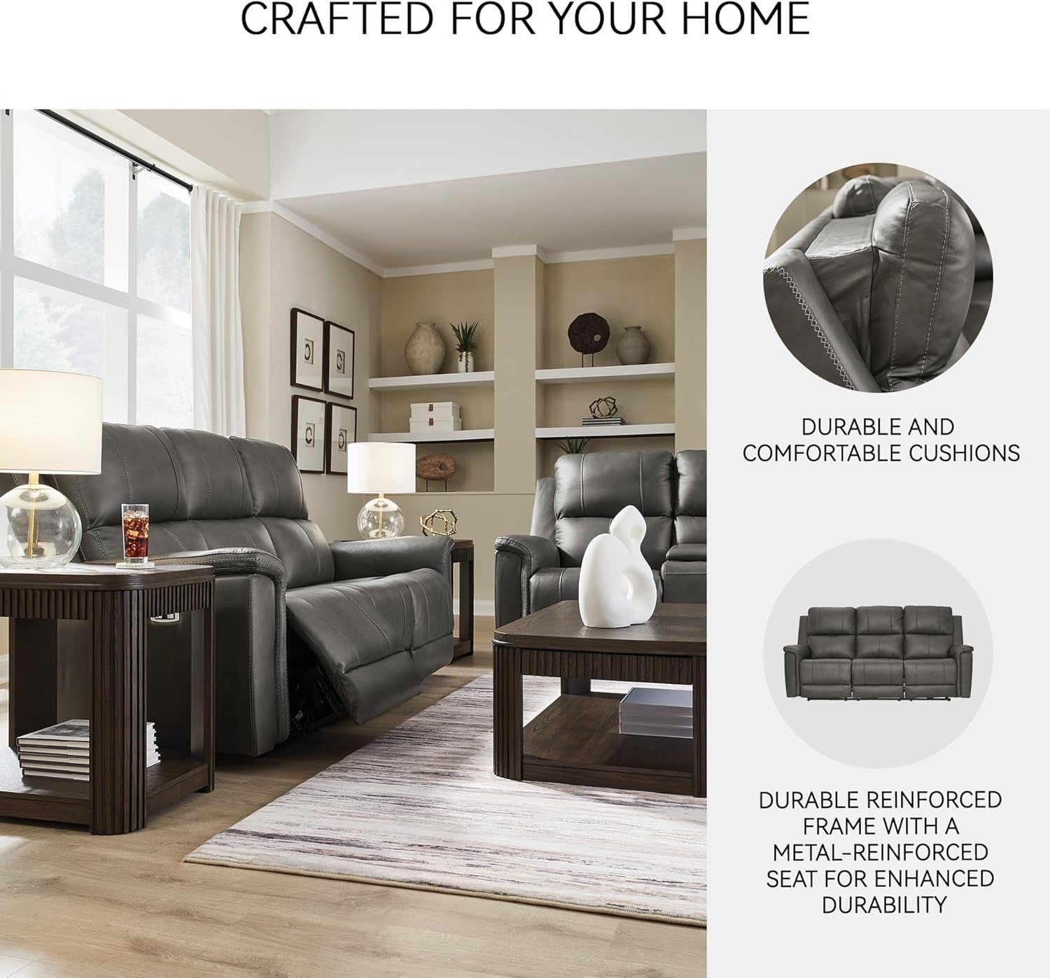 Gray Leather Adjustable Headrest Power Reclining Sofa