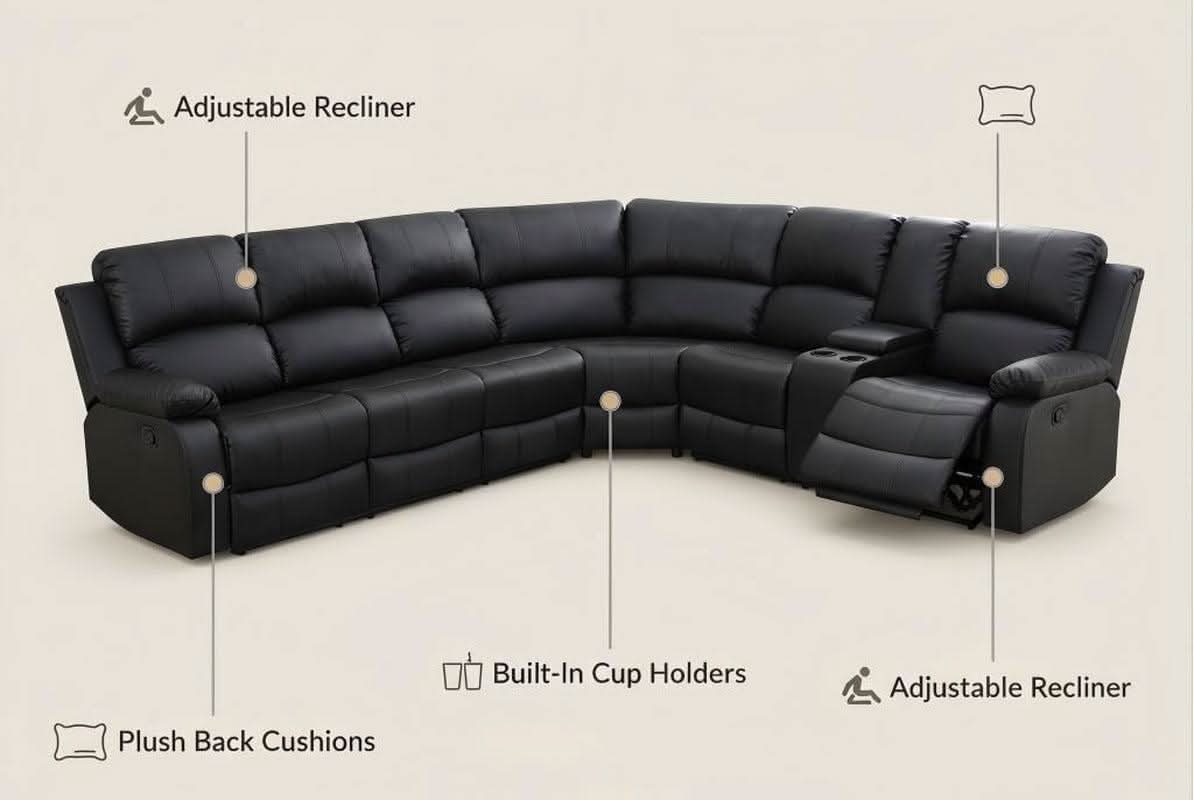 Power Reclining Leather Sectional Sofa Black Home Theater