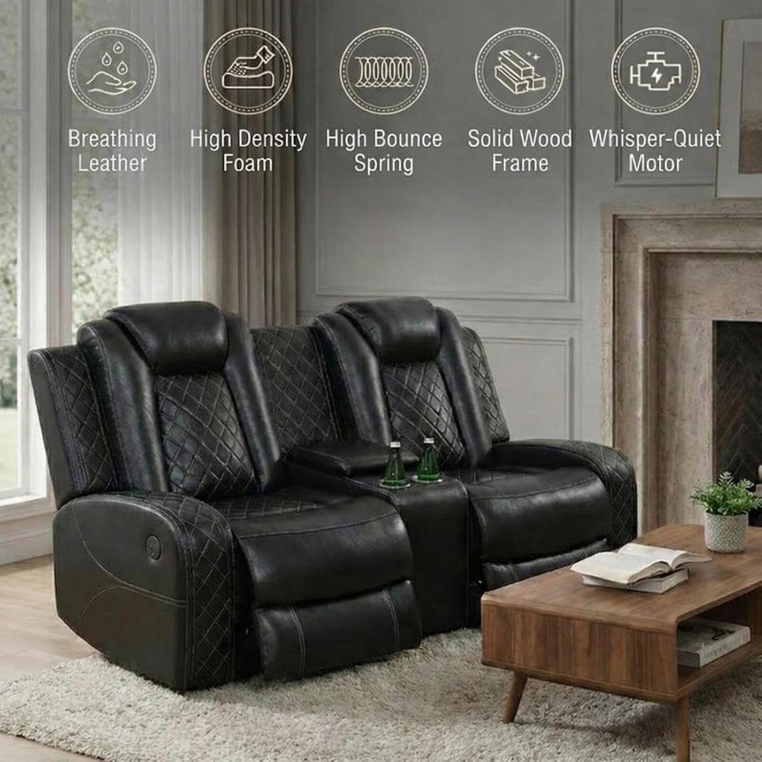 Black Luxurious Leather Power Reclining Sectional Sofa