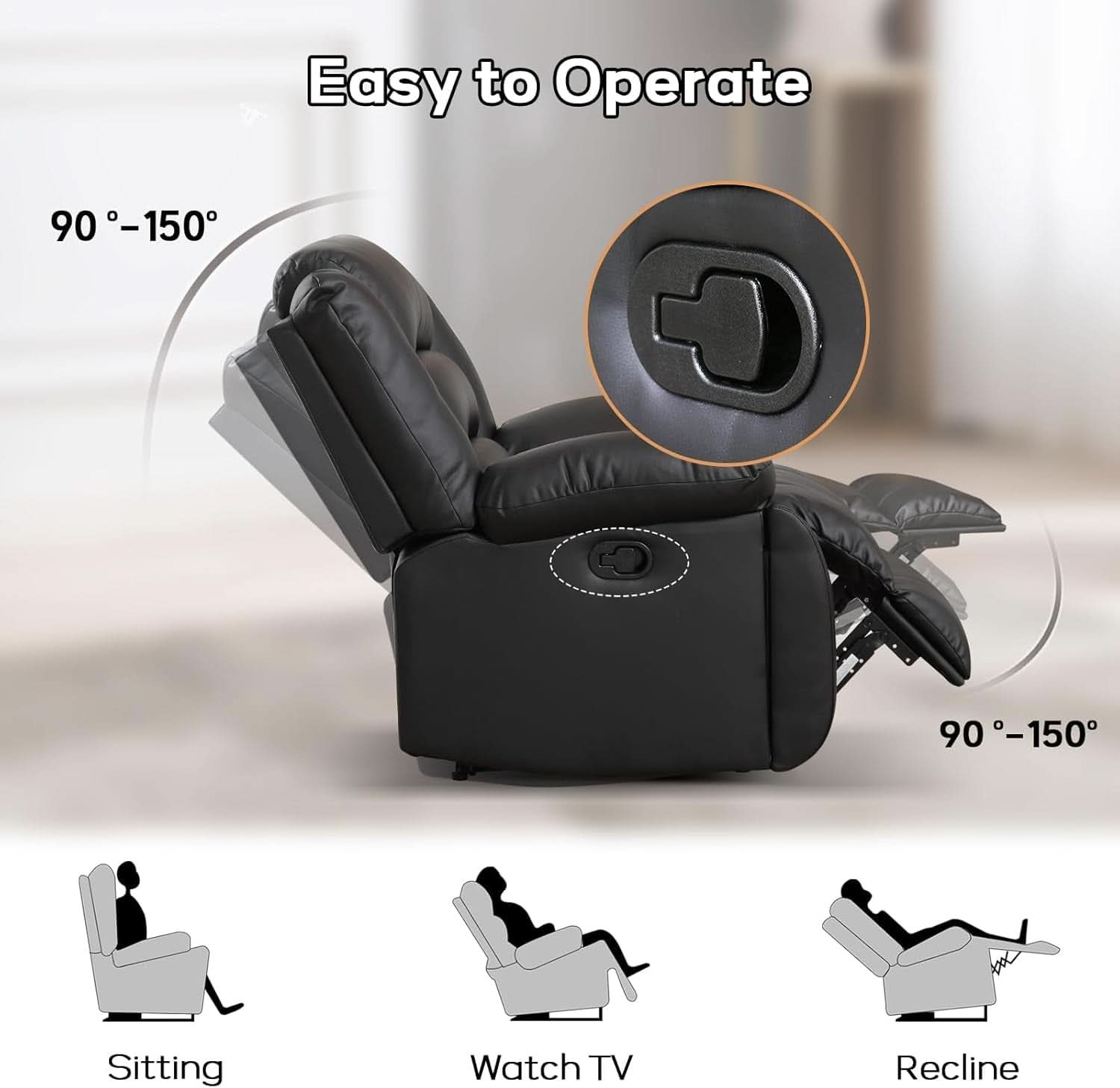 Black Faux Leather Manual Recliner Sofa Cupholders