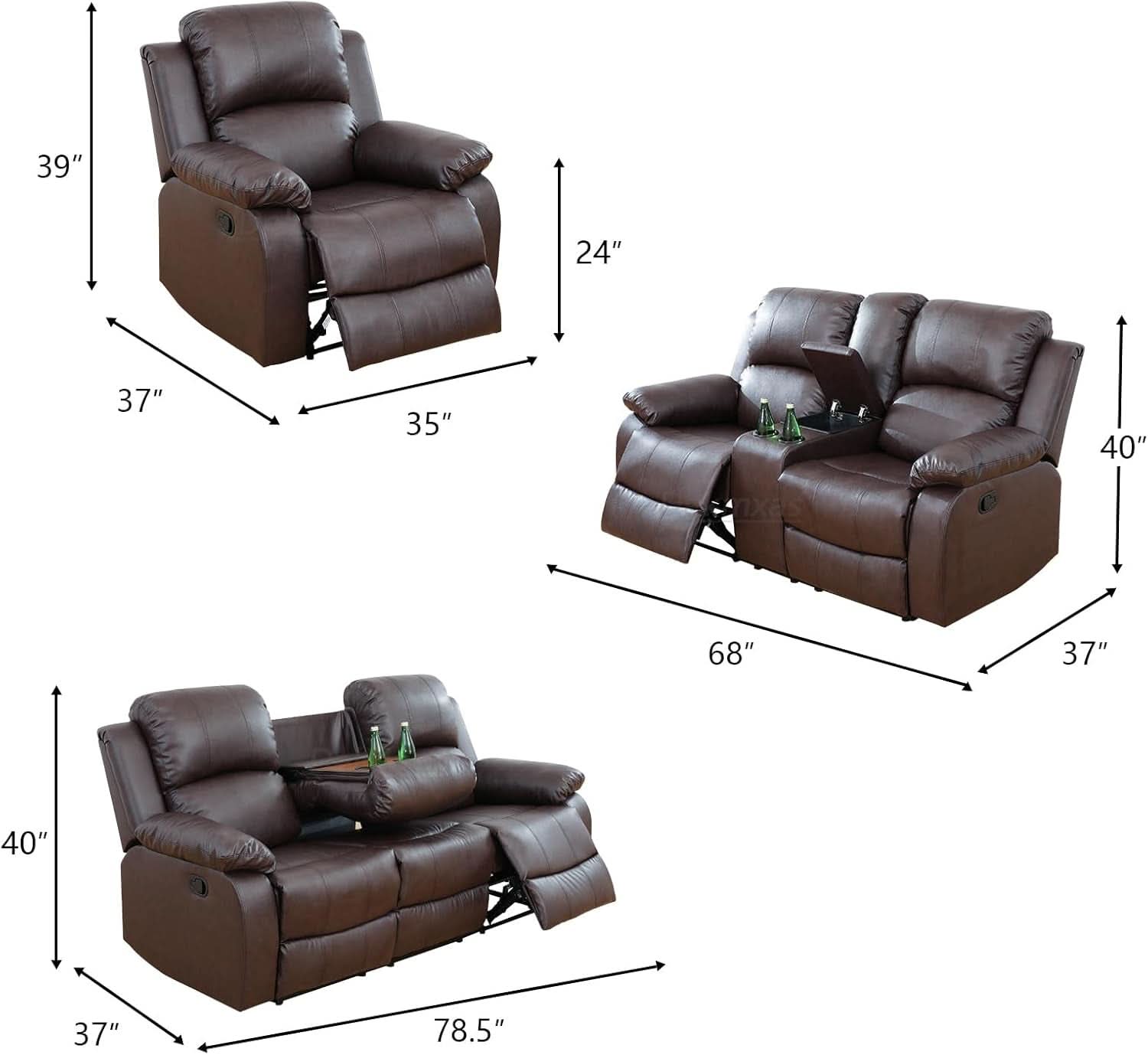 Black Vegan Leather 3 Seater Recliner Sofa Cupholders