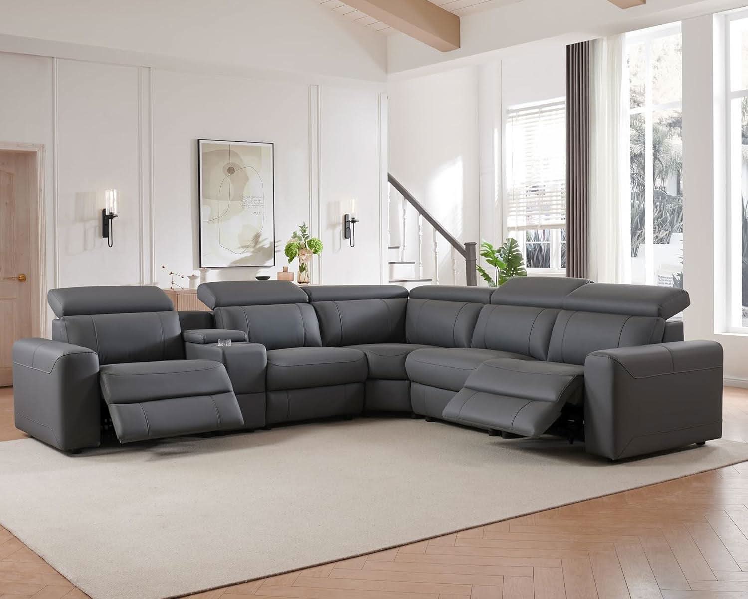 Grey Leather Power Recliner Sofa With Center Console