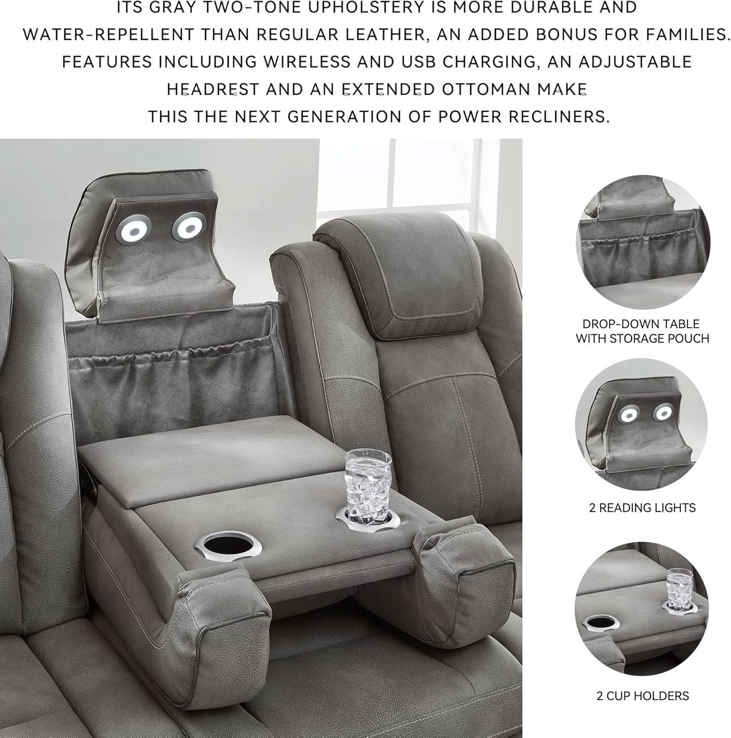Gray Longlasting Faux Leather Power Reclining Sofa