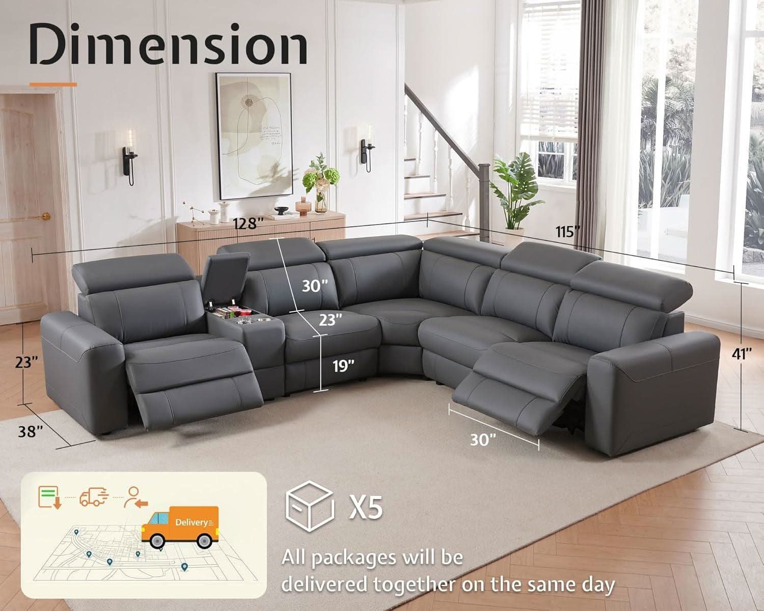 Grey Leather Power Recliner Sofa With Center Console