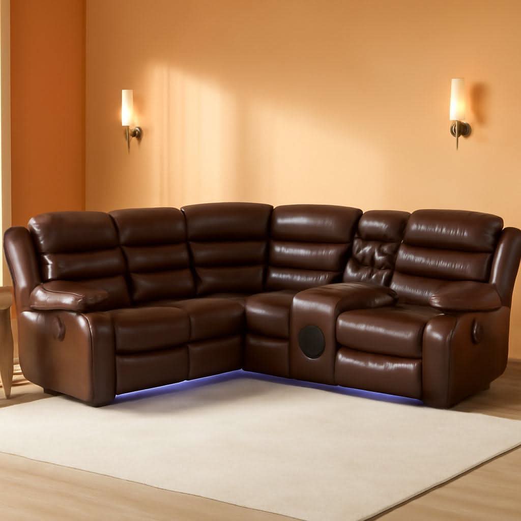 Brown PU Leather Reclining Sectional Sofa USB Chargers
