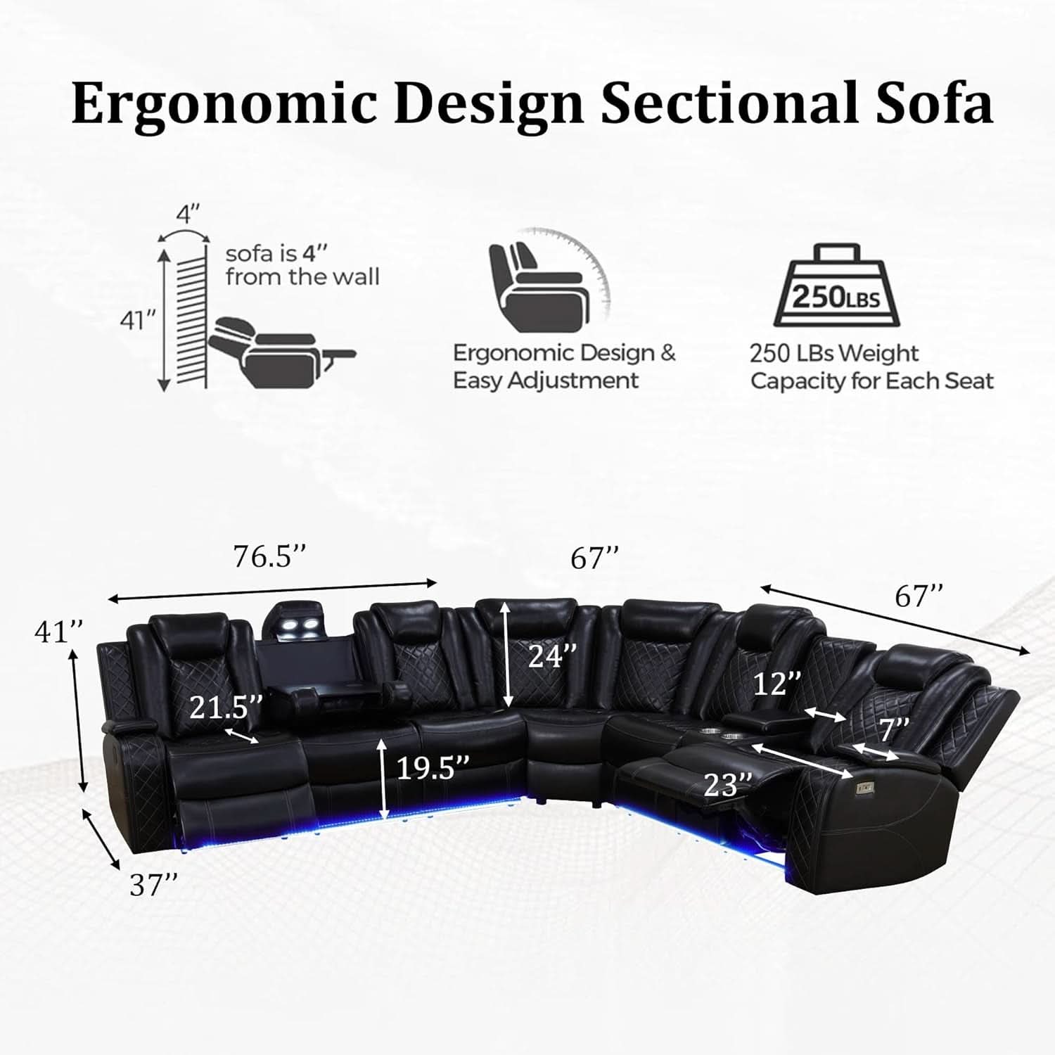Leather Power Recliner Sectional Sofa with USB Charging