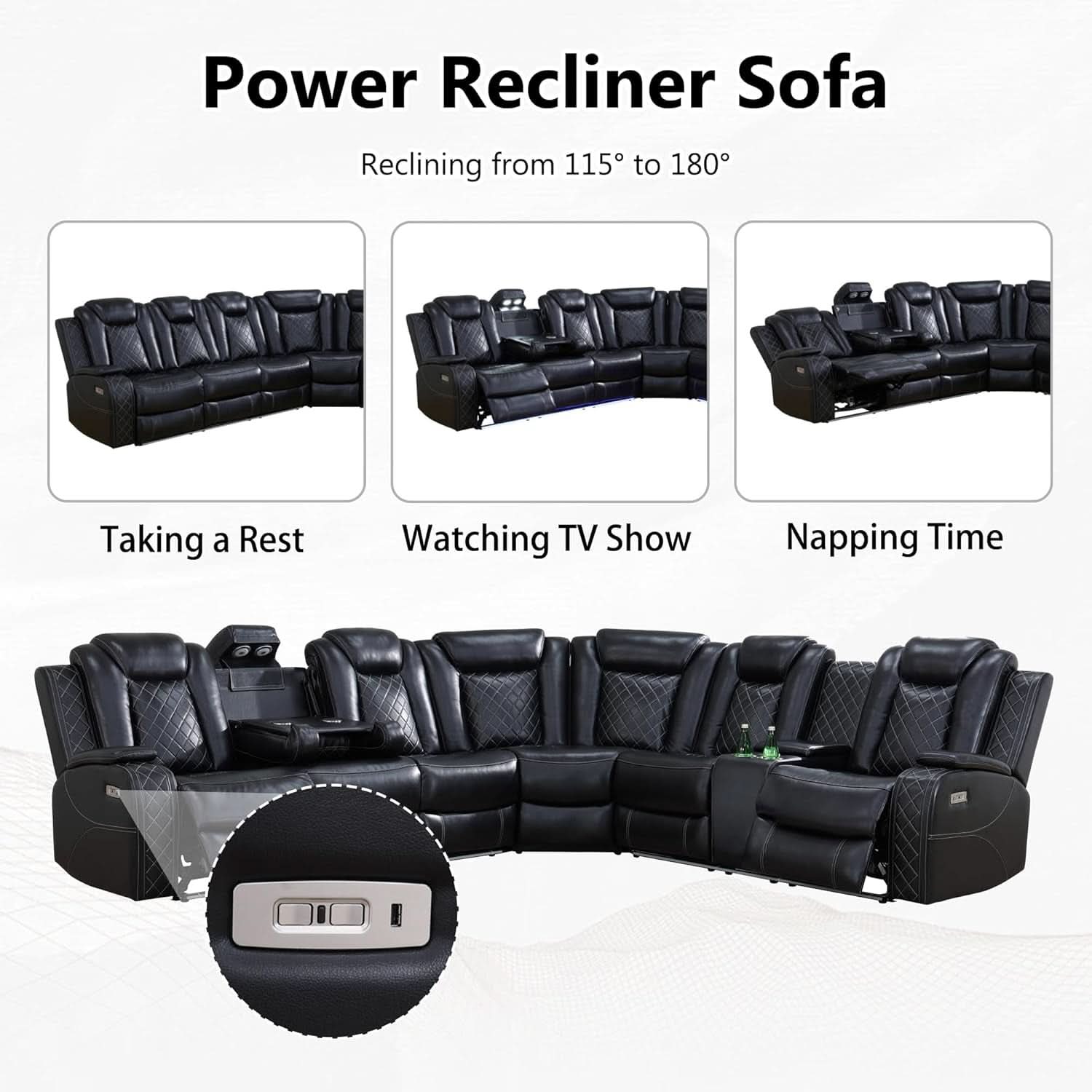 Leather Power Recliner Sectional Sofa with USB Charging