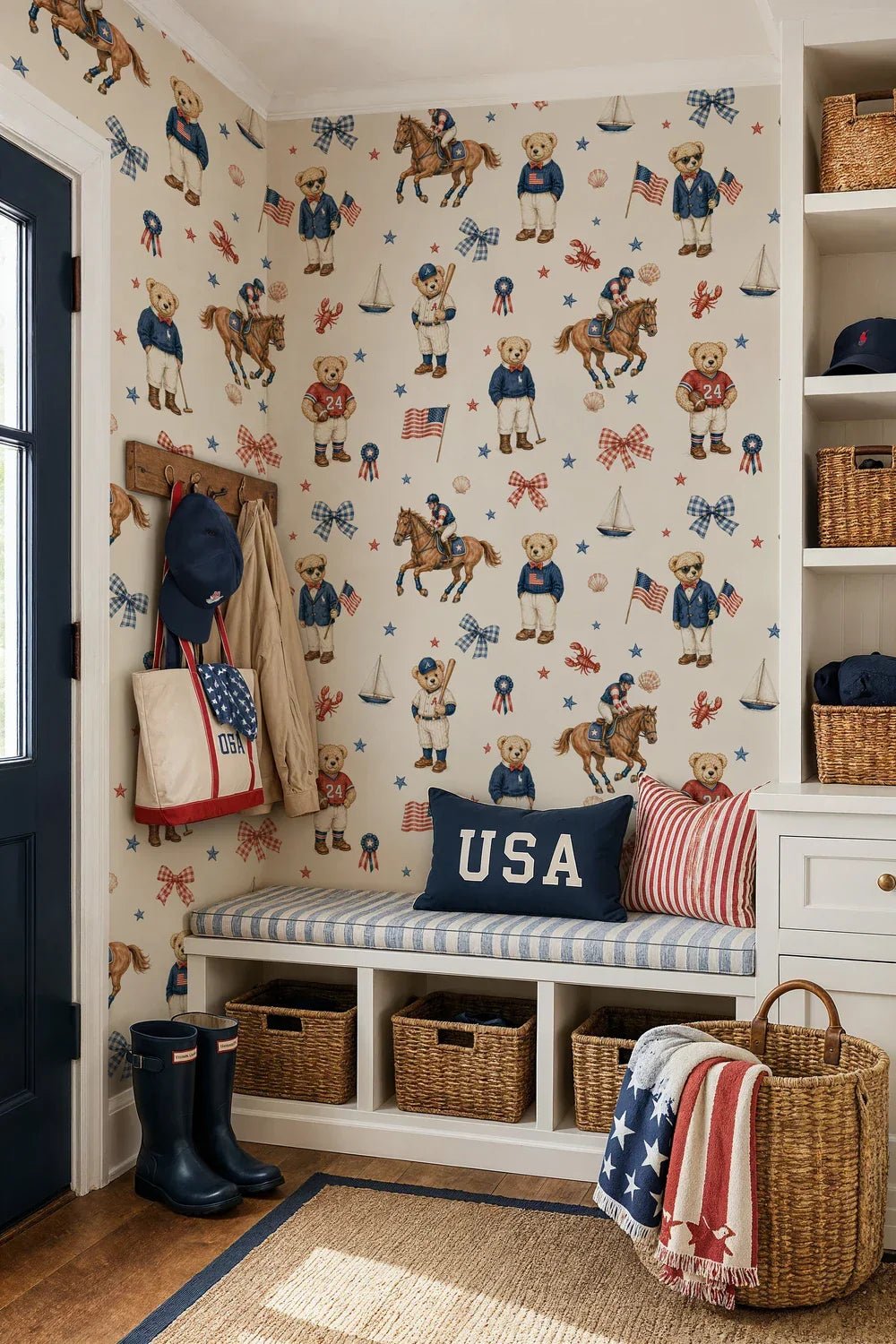 Preppy Teddy Bear Sporty Americana Wallpaper